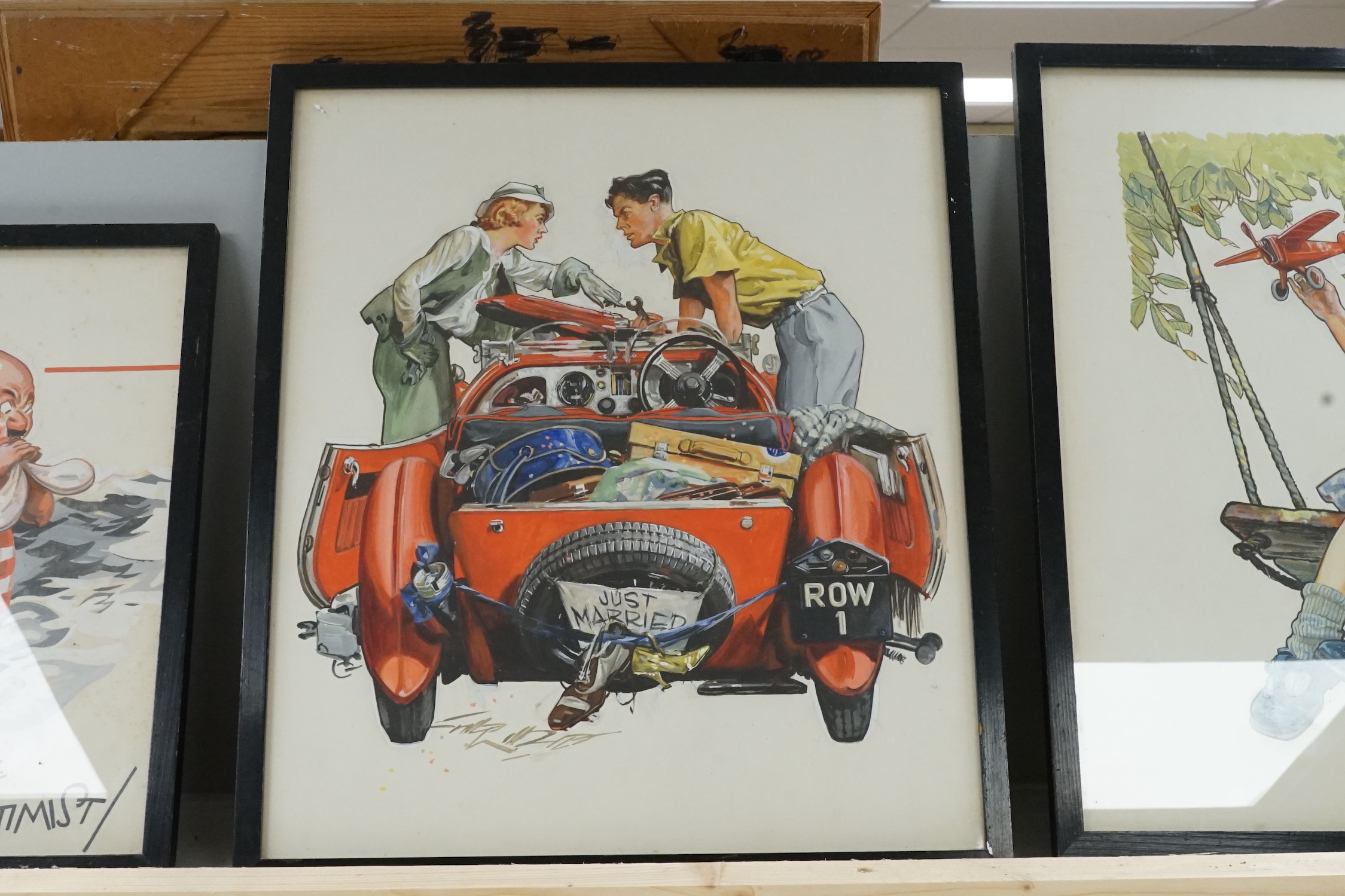 Gilbert Wilkinson (1891-1965), gouache and watercolour, 'Just Married - Row 1', signed, together with related ephemera, 37 x 32cm